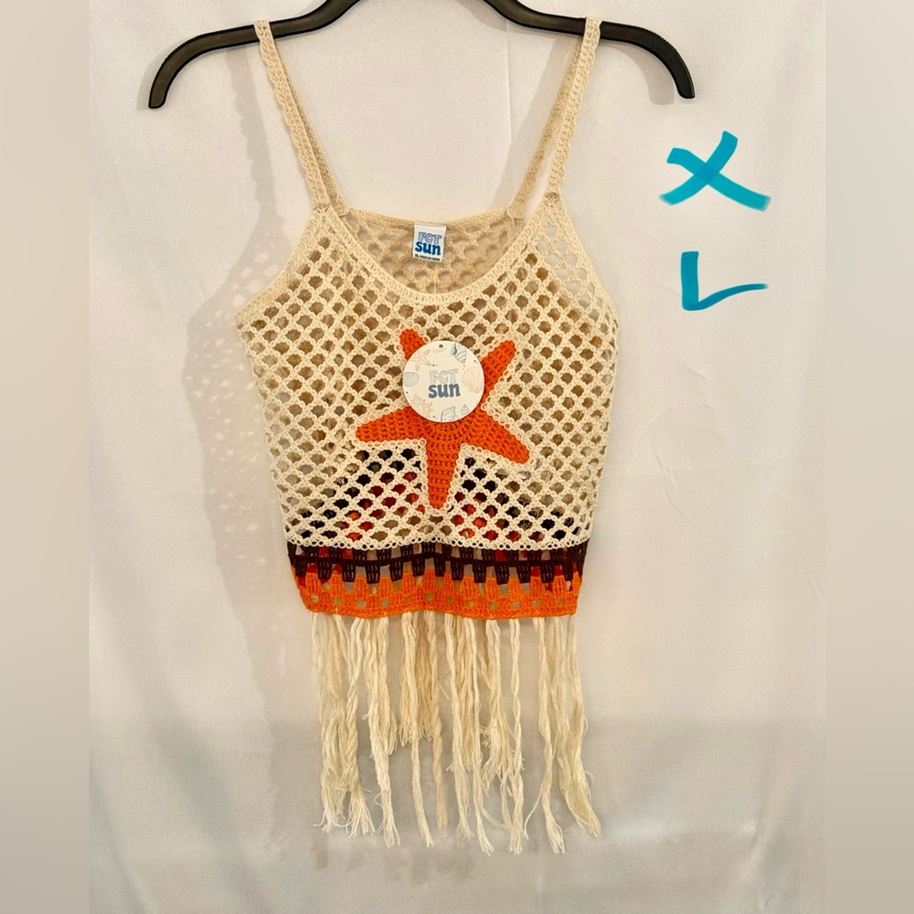 Crochet Fringe Tank Top - Cream and Orange